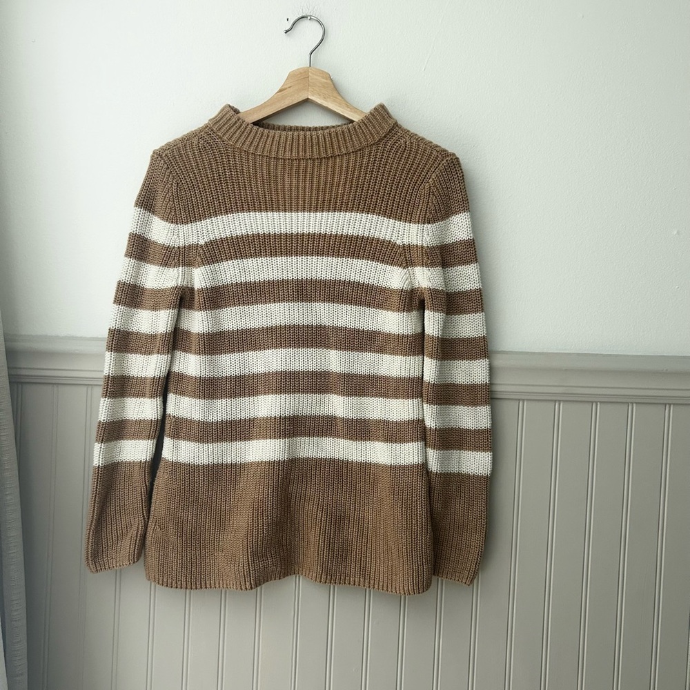 Talbots Small Petite Tan Cream Striped Knit 100% Cotton Sweater